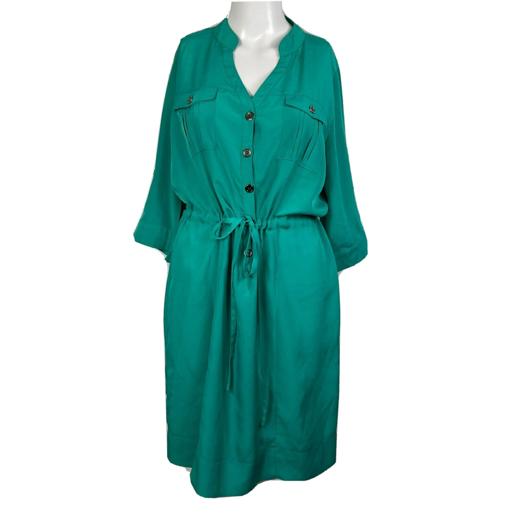 Beige ECI Dress Womens Sz 10 Greenβ Shirt Drawstring Waist Buttons Pockets